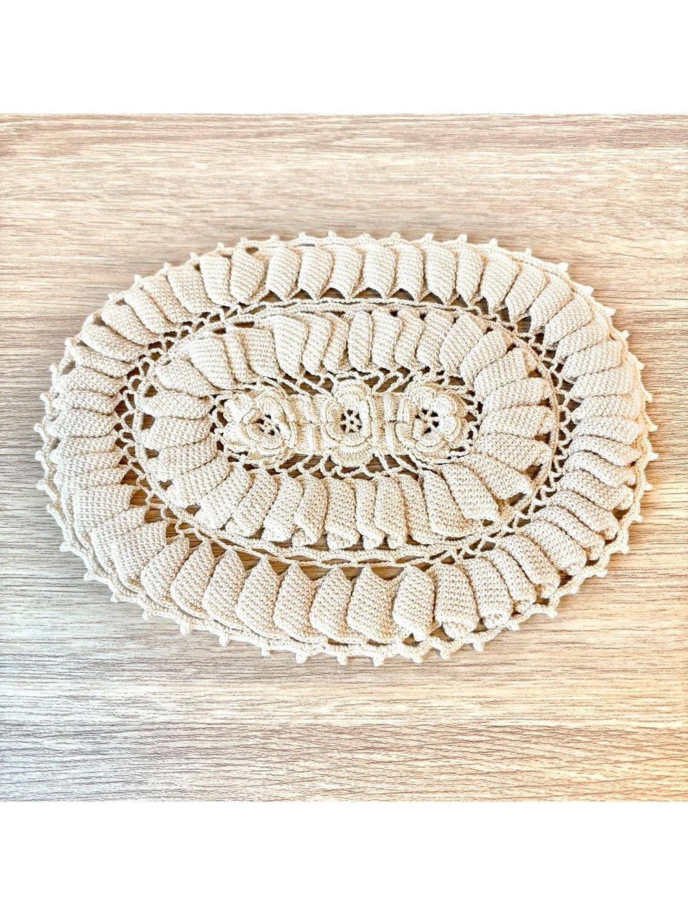 Vintage Handmade Crochet Oval Doily 8x10 Beige Floral Lace Table Centerpiece